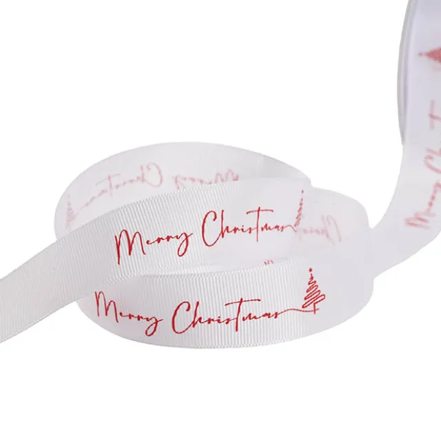 Ribbon Grosgrain Merry Christmas Swirl Tree White (25mmx20m)