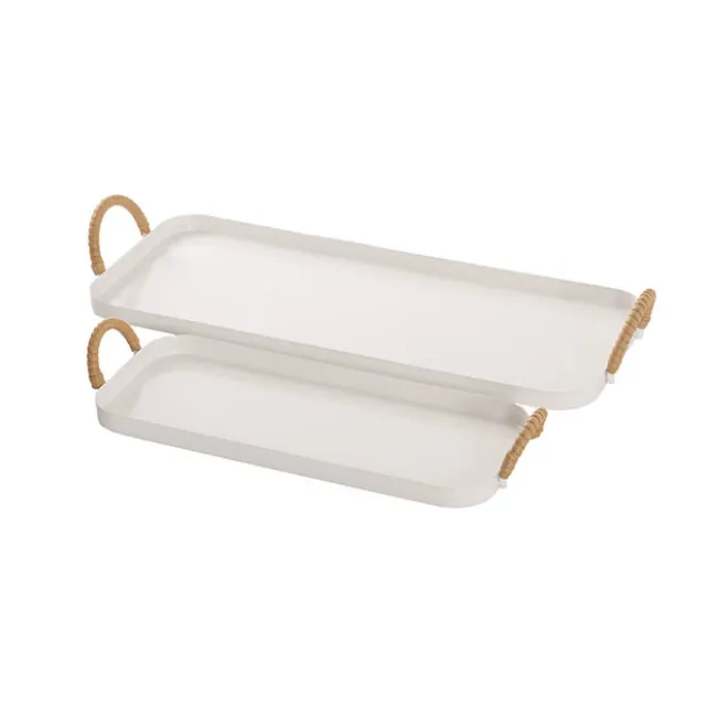 Rectangle Tray w Handle Metal Set 2 White (32cmL & 43cmL)