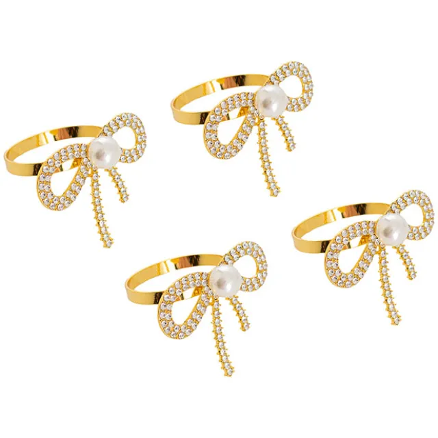 Diamante Pearl Bow Napkin Ring Pack 4 Gold (3.5x5.5cmH)