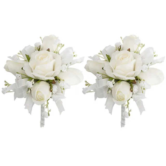 Rose & Ribbon Boutonniere Pack 2 White (13cmH)