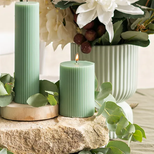 Roman Fluted Pillar Candle Pale Sage (7x10cmH)