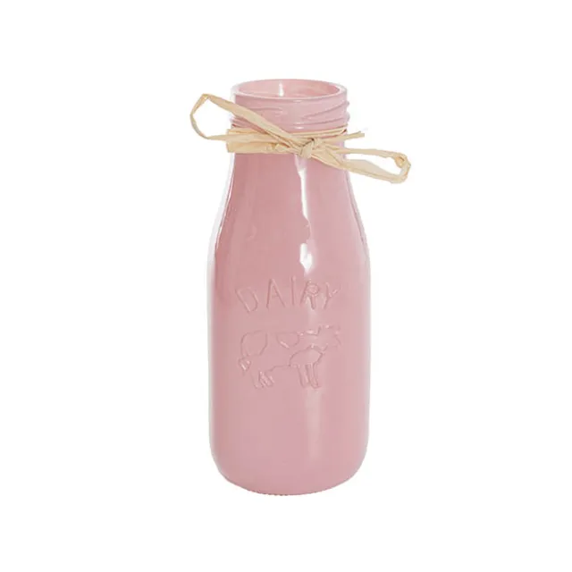Glass Milk Bottle Solid Glossy Pink (6cmDx15.5cmH)
