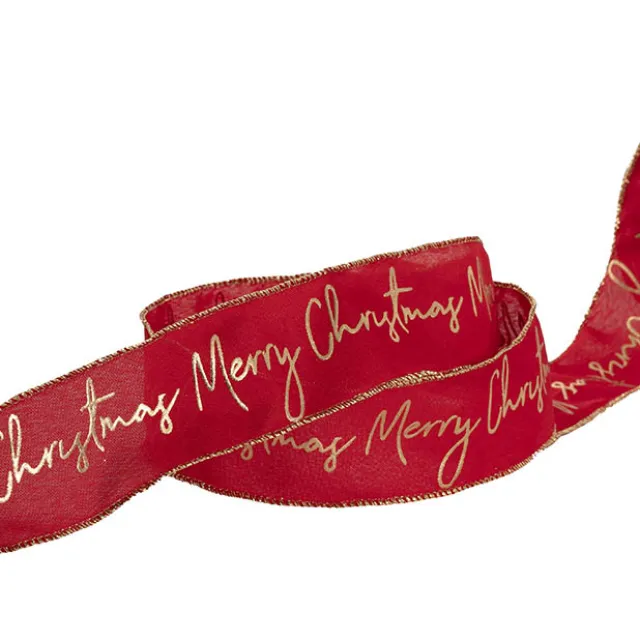 Ribbon Linen Wire Edge Gold Merry Christmas Red (60mmx20m)