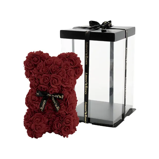 Amore Rose Bear w Black Bow Dark Red (25cmH)
