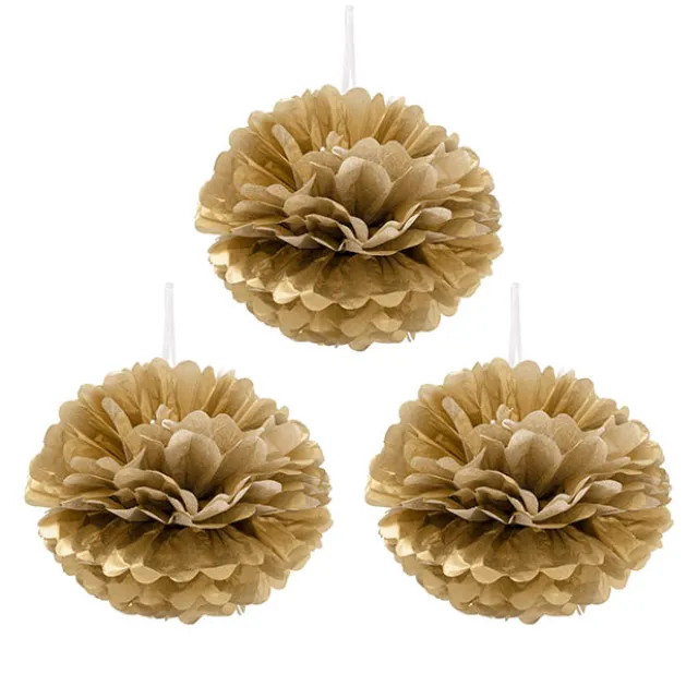 Hanging Tissue Pom Pom Pack 3 Gold (30cmD)