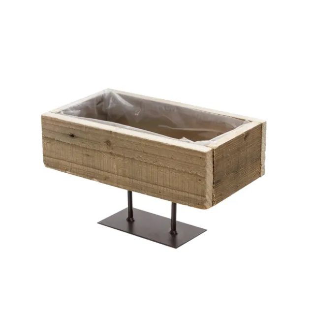 Wood Planter Tray with Metal Stand Natural (21x12x13cmH)