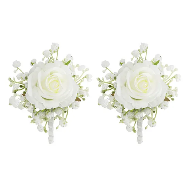 Rose & Baby's Breath Boutonniere Pack 2 White (13cmH)
