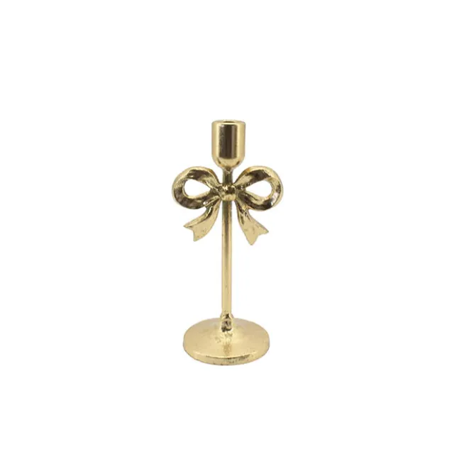 Single Taper Candle Holder Stand w Bow Gold (11x23cmH)