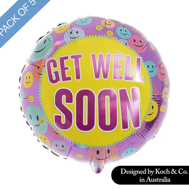 Foil Balloon 18" (45cmD) Pack 5 Get Well Soon Smiley Purple