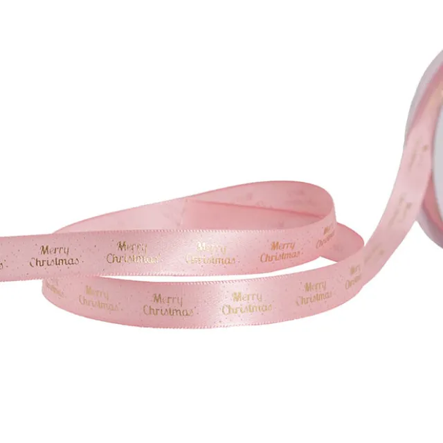 Ribbon Satin Merry Christmas Spots Gold Pink (15mmx20m)