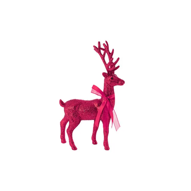 Standing Glitter Reindeer w Ribbon Dark Hot Pink (29cmH)
