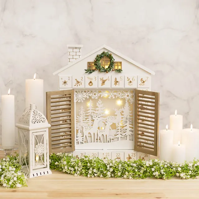 LED Reindeer Advent Calendar House White (46.5cmH)