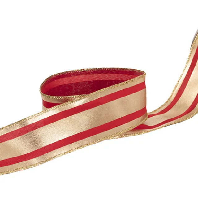 Ribbon Linen Wire Edge Bold Stripe Red & Gold (60mmx20m)