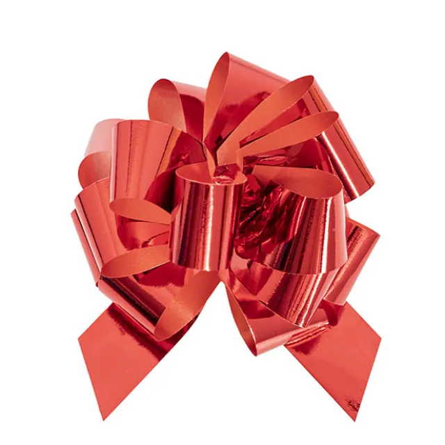 Ribbon Pull Bow Pom Pom Metallic Red (32mmx12.5cm) Pack 5