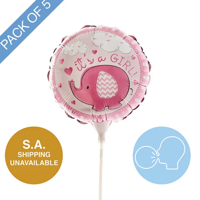 Foil Balloon 9" (22.5cmD)PK 5 AirFill RND Elephant Baby Girl