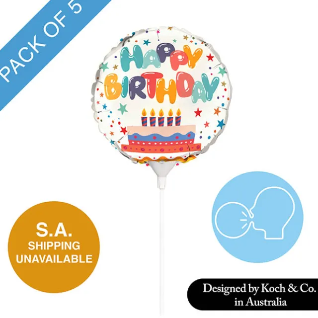 Foil Balloon 9" (22.5cmD) Pack 5 Round Happy Birthday Cake