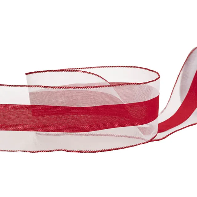 Ribbon Linen Mesh Wire Edge CandyStripe White Red(100mmx20m)