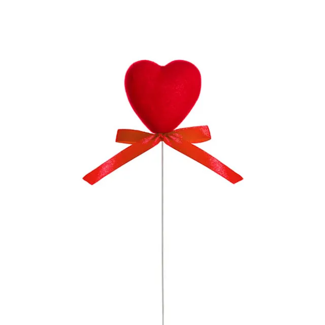 Love Heart Pick w Bow Pack 3 Flocked Red (6cmDx30cmH)