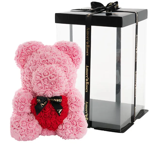 Amore Rose Bear Large w Red Heart & Black Bow Pink (35cmH)