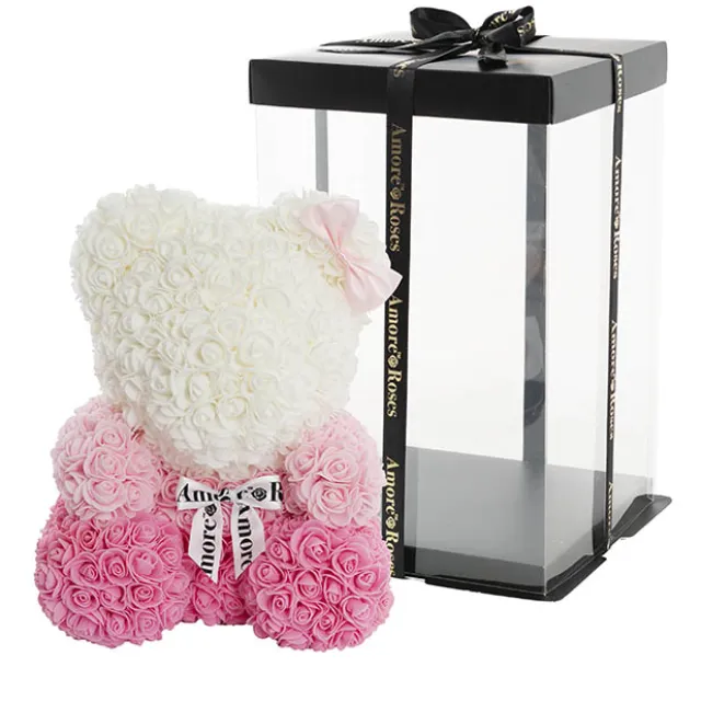 Amore Rose Bear Large w White Bow Gradation Pink (35cmH)