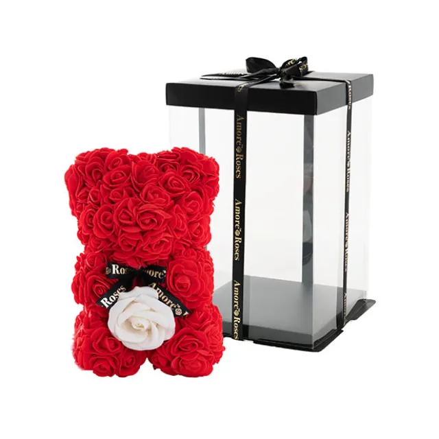 Amore Rose Bear w White Flower & Black Bow Red (25cmH)