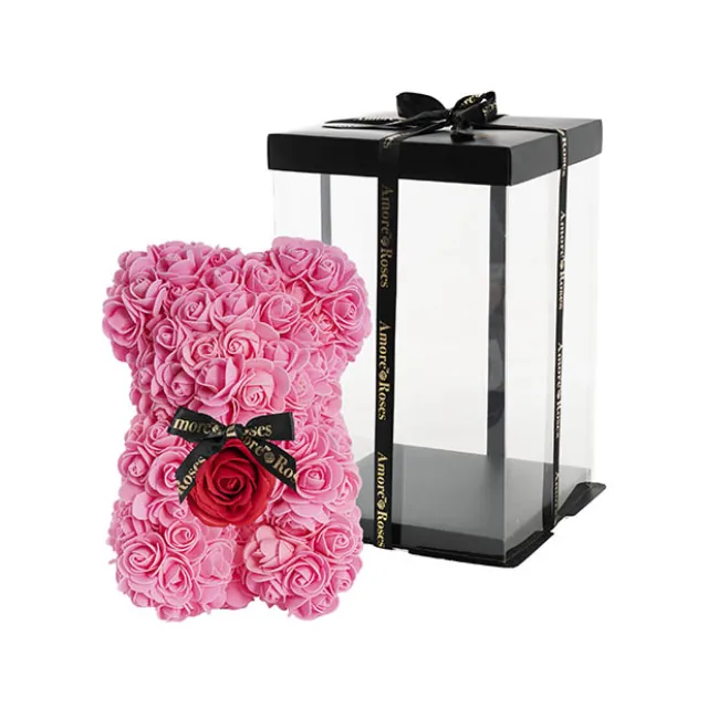 Amore Rose Bear w Red Flower & Black Bow Pink (25cmH)