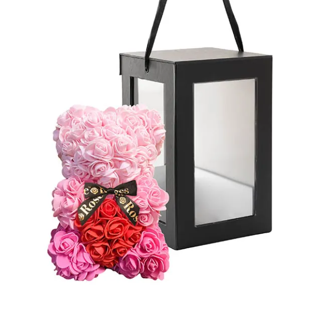 Amore Rose Bear w Heart & Black Bow Gradation Pink (25cmH)