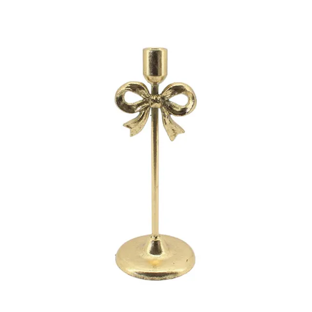 Single Taper Candle Holder Stand w Bow Gold (12x30.5cmH)