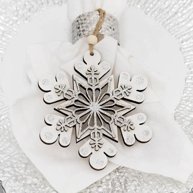 Hanging Wooden Snowflake Pack 2 White & Silver (12cmH)