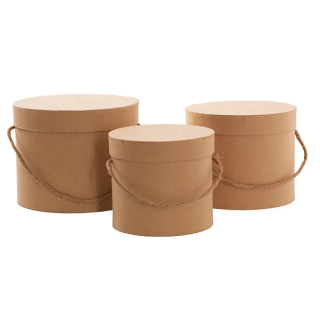 Flower Hat Box Petite Round Kraft Brown Set 3 (17Dx13.5cmH)