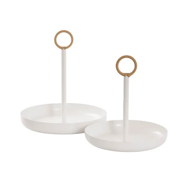 Cake Plate w Handle Metal Set 2 White (25cmD & 29cmD)