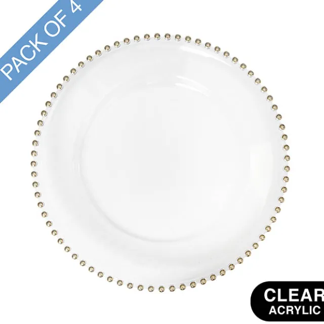 Charger Plate w Gold Beaded Edge Pack 4 Clear (32cmD)