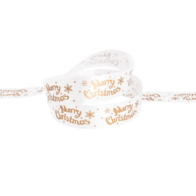 Christmas Tear Ribbon Merry Christmas White Gold (30mmx91m)