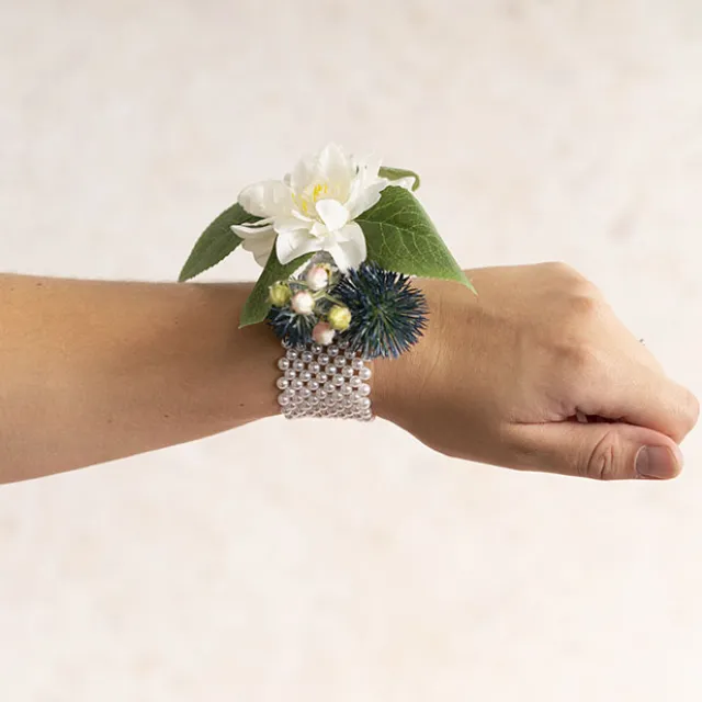 Corsage Pearl Wrist Bracelet w Ribbon Pack 2 White (8Lx4cmH)