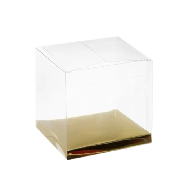 Cupcake Box Clear with Base 25mic Gold (80x80x80mm) Pack 10