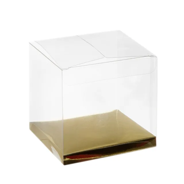 Cupcake Box Clear with Base 30mic Gold (90x90x90mm) Pack 10