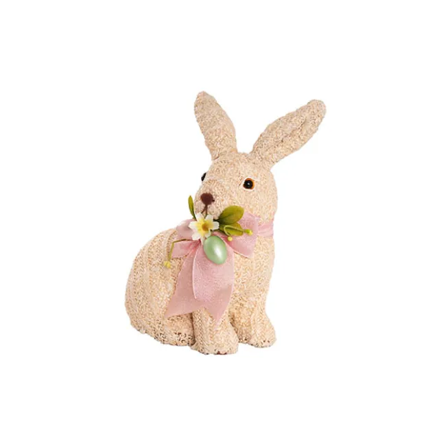 Sitting Straw Bunny w Pink Bow Beige (19x14x26cm)