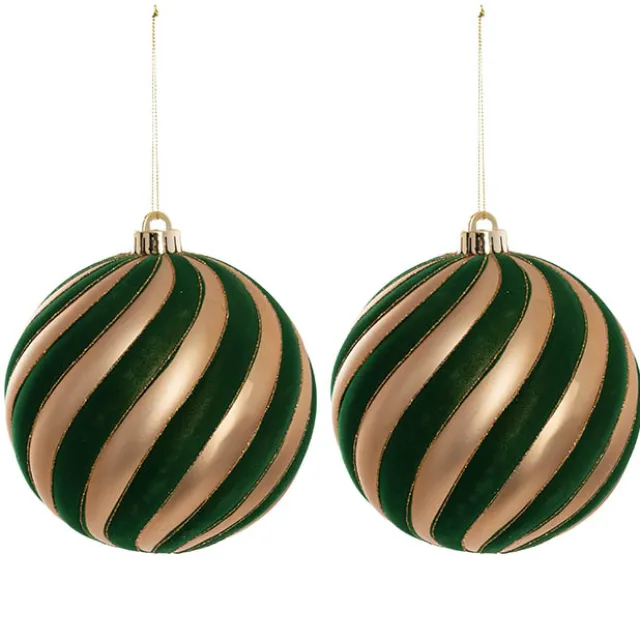 Large Hanging Swirl Bauble Pack 2 Green & Gold (15cmD)