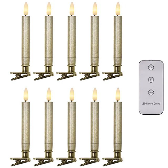 Flickering LED Slim Candle Clips Pack 10 Gold(1.5cmx12.5cmH)