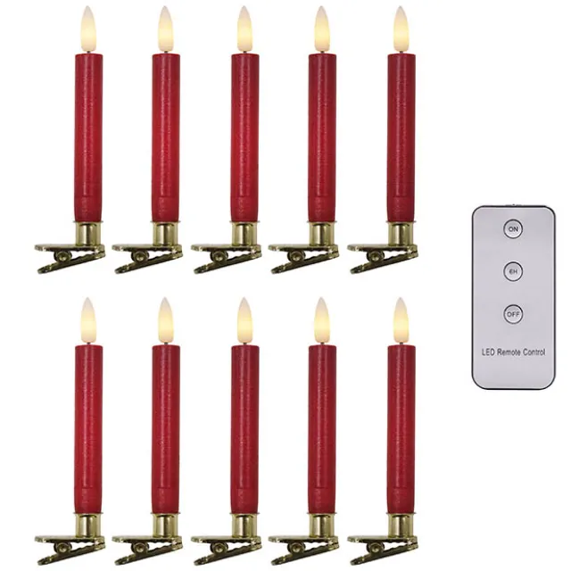 Flickering LED Slim Candle Clips Pack 10 Red (1.5cmx12.5cmH)