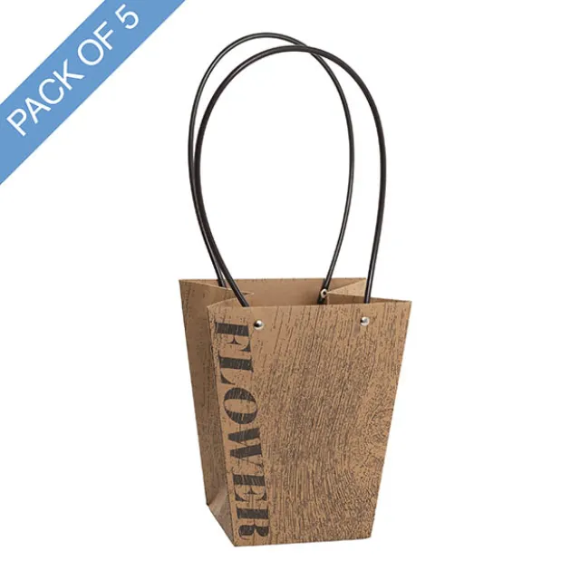 Flower Carry Bag Kraft Wood Grain Medium Pk5 (12x17x20cmH)