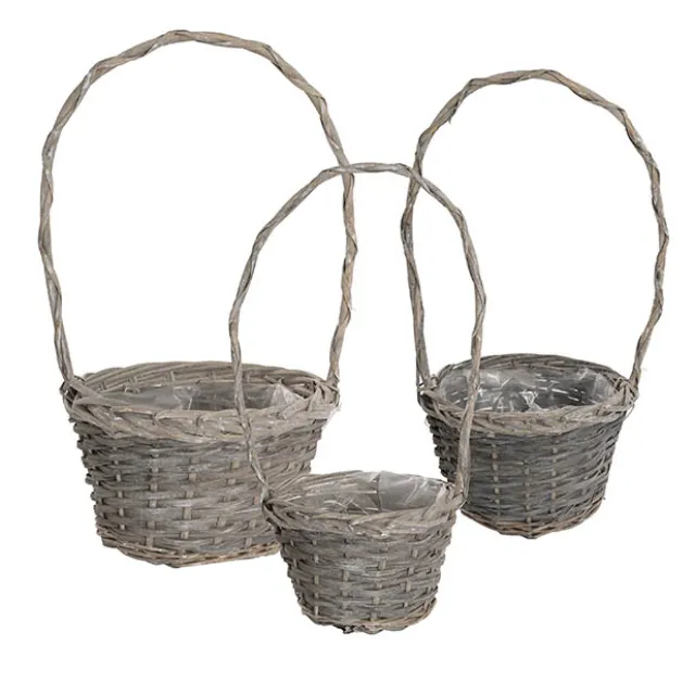 Flower Girl Basket Long Handle Set 3 Gry w Liner (26Dx17cmH)