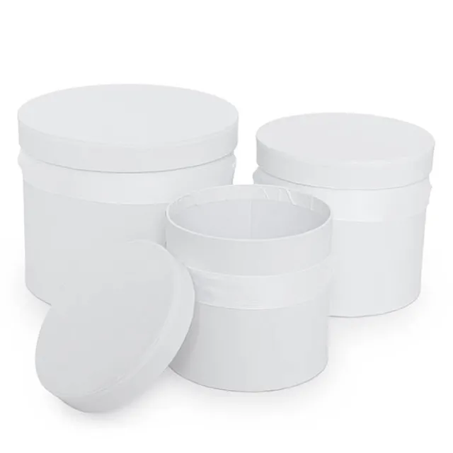 Flower Hat Box with Ribbon Round Set 3 White (18.5cmx15cmH)