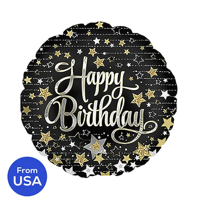 Foil Balloon 17" (42.5cm Dia) Happy Birthday Stars Black