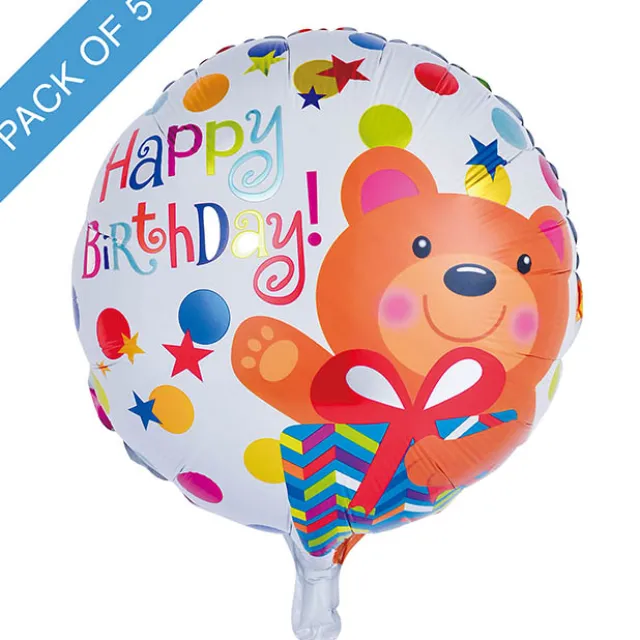 Foil Balloon 18" (45cmD) Pack5 Round Happy Birthday Bear