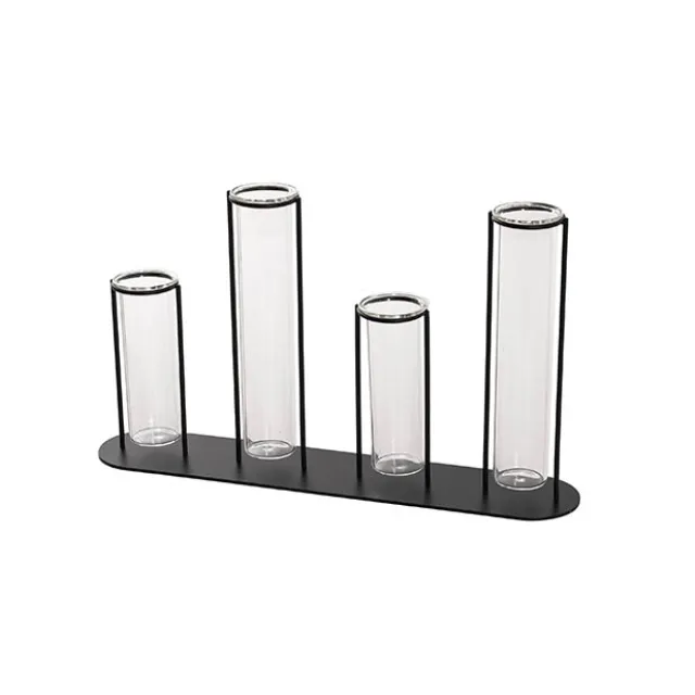 Glass Four Tube Bud Vase Metal Frame Black (30.6x17.5cmH)