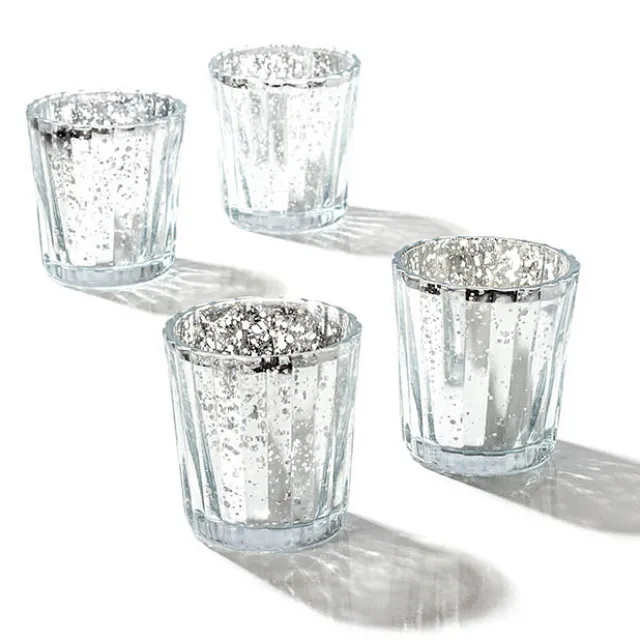 Glass Votive Candle Holder Stripe Mercury Silver 5.5x6.8cmH