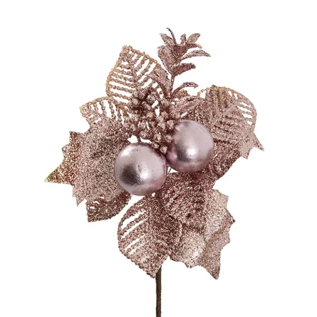 Bauble Leaf Christmas Picks Pack 4 Pink (20cmH)