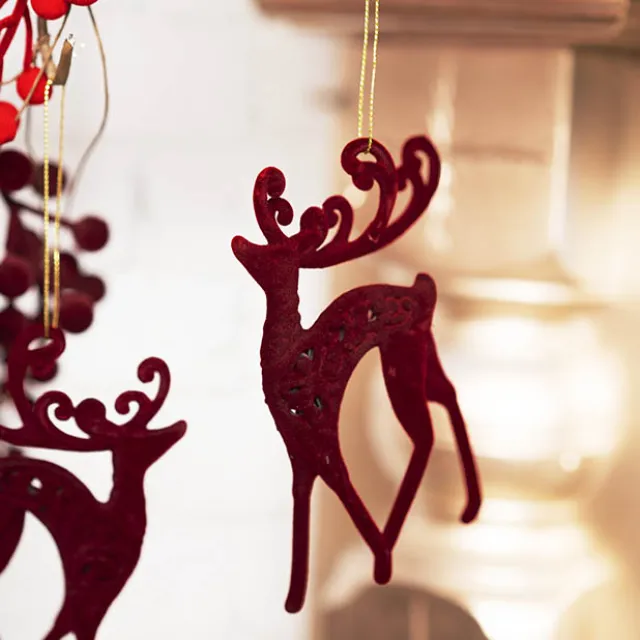 Hanging Flocked Reindeer Pack 3 Burgundy (6x13cmH)