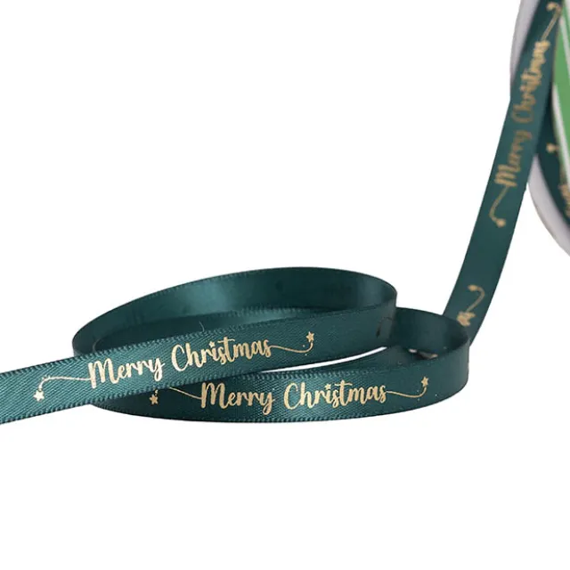 Ribbon Satin Merry Christmas Star Gold Green (10mmx20m)